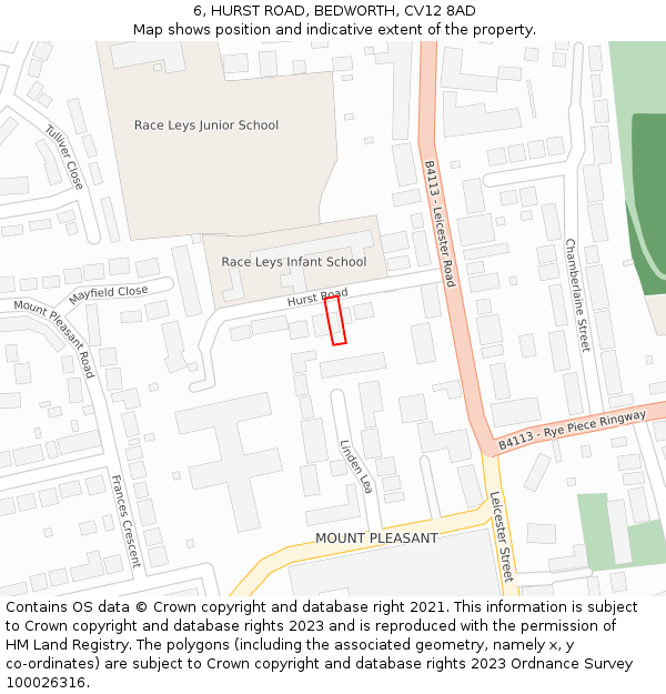 6, HURST ROAD, BEDWORTH, CV12 8AD: Location map and indicative extent of plot