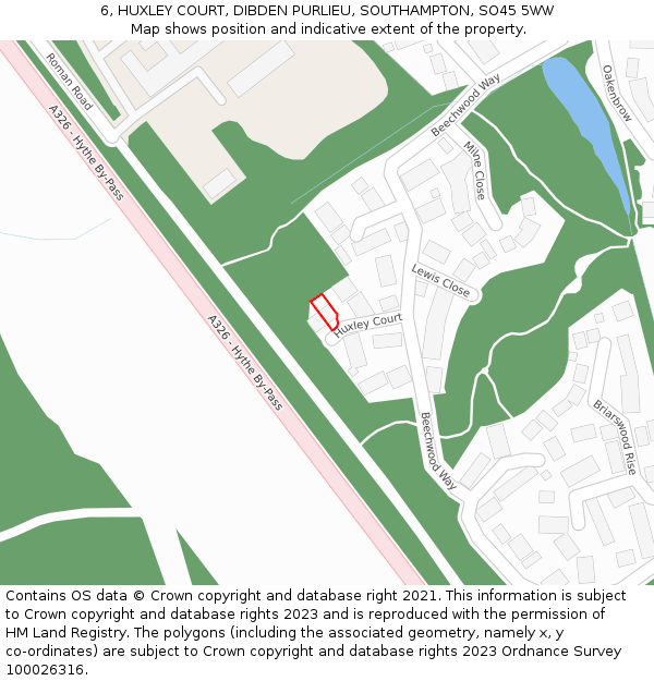 6, HUXLEY COURT, DIBDEN PURLIEU, SOUTHAMPTON, SO45 5WW: Location map and indicative extent of plot