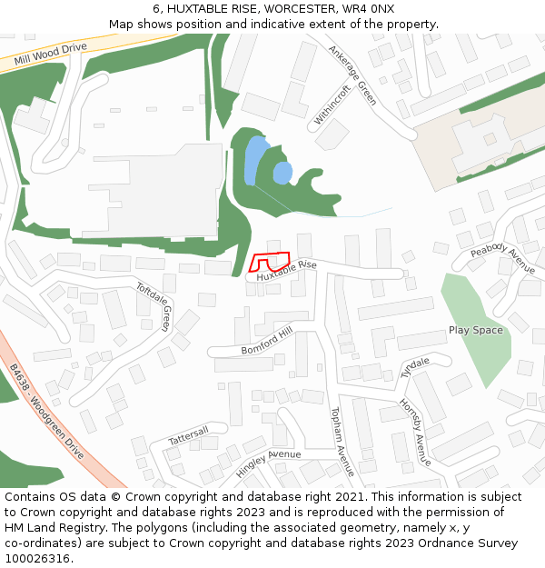 6, HUXTABLE RISE, WORCESTER, WR4 0NX: Location map and indicative extent of plot