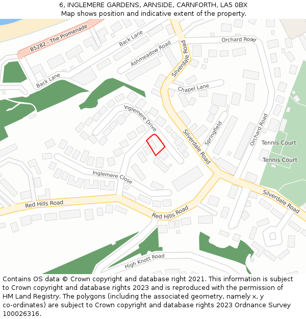 6, INGLEMERE GARDENS, ARNSIDE, CARNFORTH, LA5 0BX: Location map and indicative extent of plot