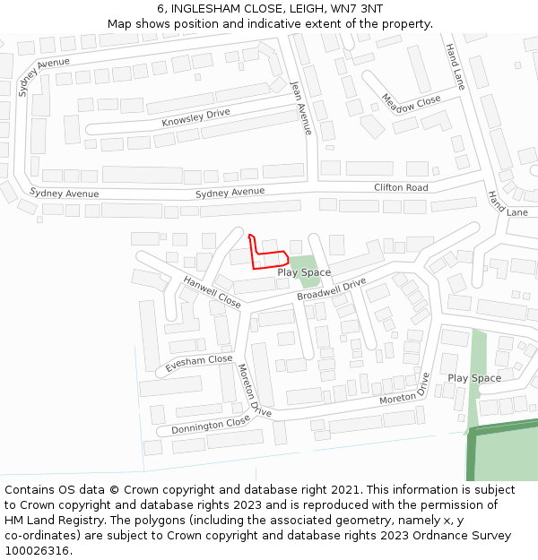 6, INGLESHAM CLOSE, LEIGH, WN7 3NT: Location map and indicative extent of plot