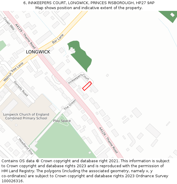 6, INNKEEPERS COURT, LONGWICK, PRINCES RISBOROUGH, HP27 9AP: Location map and indicative extent of plot