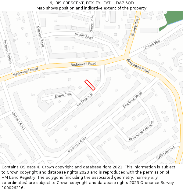 6, IRIS CRESCENT, BEXLEYHEATH, DA7 5QD: Location map and indicative extent of plot