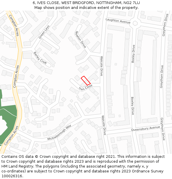 6, IVES CLOSE, WEST BRIDGFORD, NOTTINGHAM, NG2 7LU: Location map and indicative extent of plot