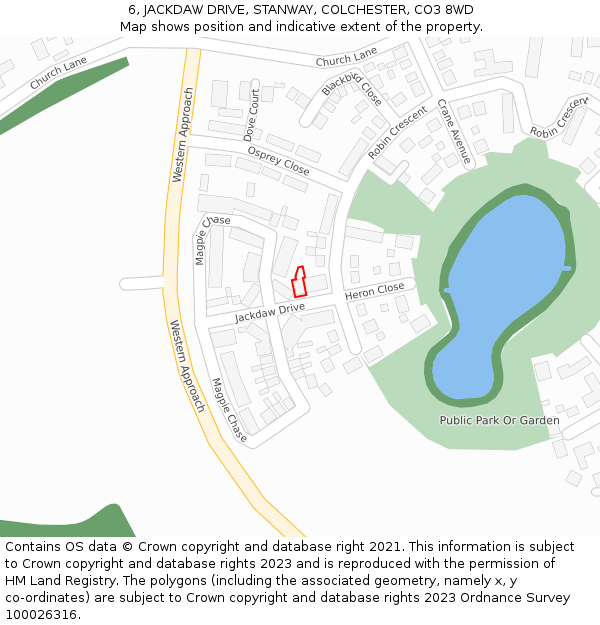 6, JACKDAW DRIVE, STANWAY, COLCHESTER, CO3 8WD: Location map and indicative extent of plot