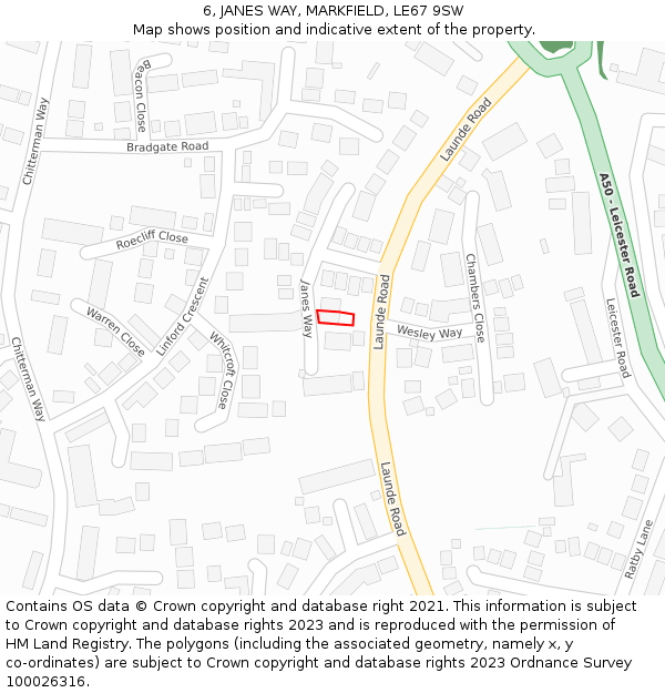 6, JANES WAY, MARKFIELD, LE67 9SW: Location map and indicative extent of plot