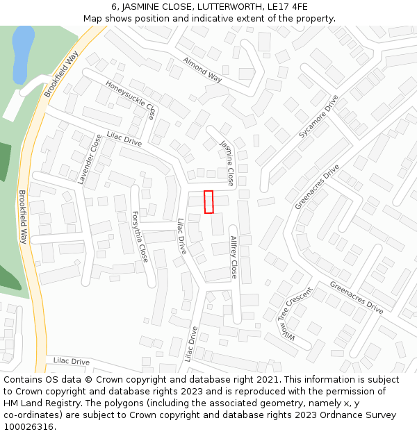 6, JASMINE CLOSE, LUTTERWORTH, LE17 4FE: Location map and indicative extent of plot