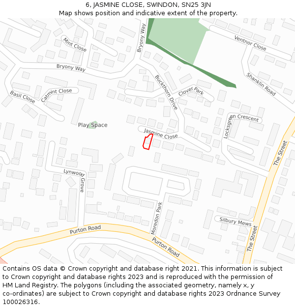 6, JASMINE CLOSE, SWINDON, SN25 3JN: Location map and indicative extent of plot