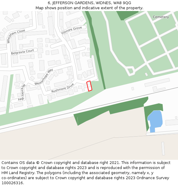 6, JEFFERSON GARDENS, WIDNES, WA8 9QG: Location map and indicative extent of plot