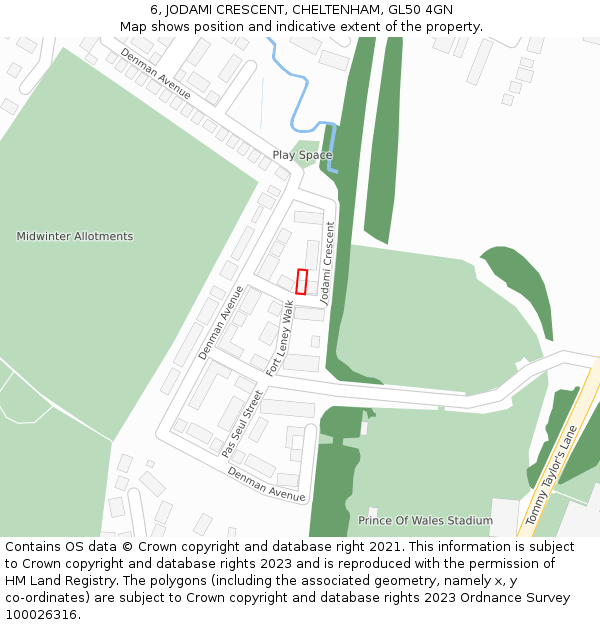 6, JODAMI CRESCENT, CHELTENHAM, GL50 4GN: Location map and indicative extent of plot