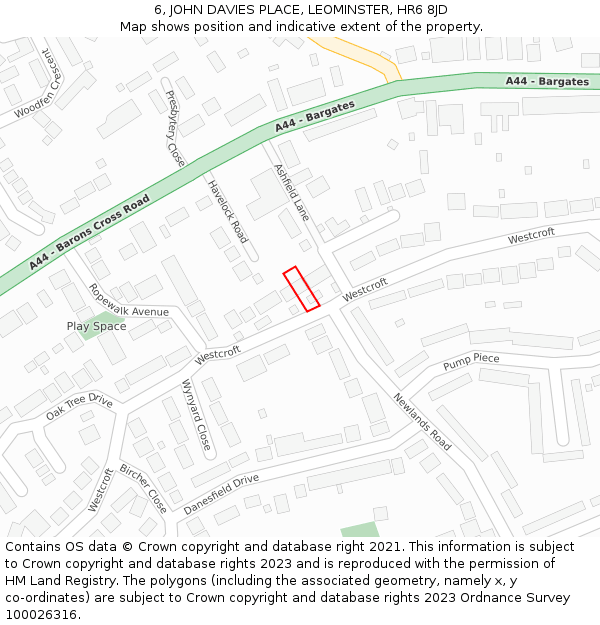 6, JOHN DAVIES PLACE, LEOMINSTER, HR6 8JD: Location map and indicative extent of plot