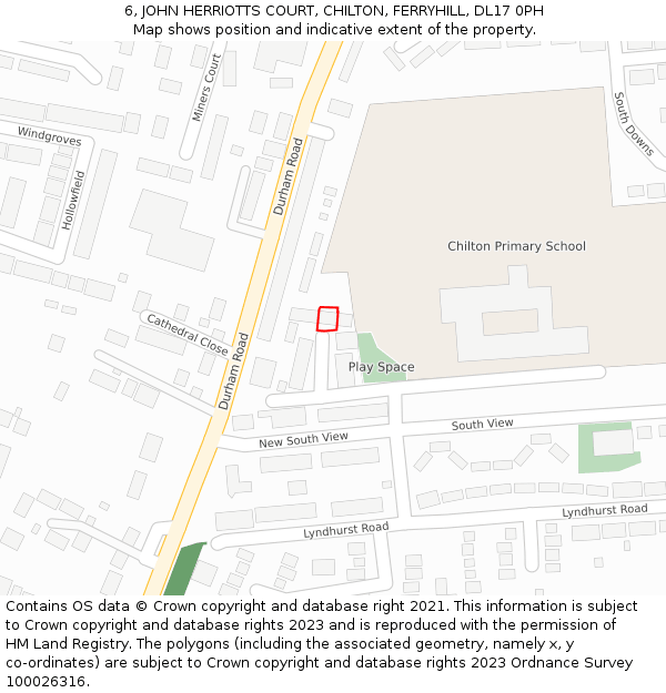 6, JOHN HERRIOTTS COURT, CHILTON, FERRYHILL, DL17 0PH: Location map and indicative extent of plot