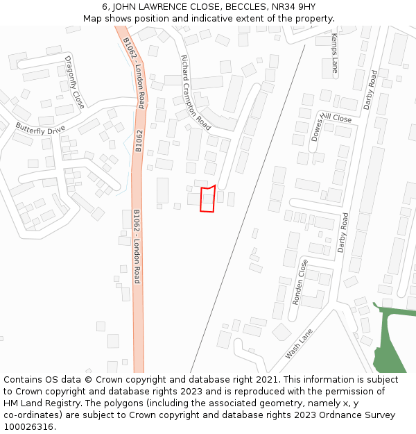 6, JOHN LAWRENCE CLOSE, BECCLES, NR34 9HY: Location map and indicative extent of plot