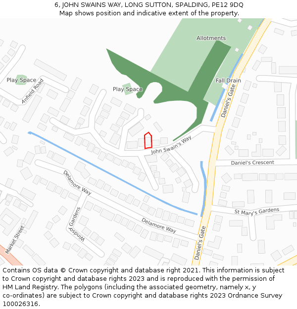 6, JOHN SWAINS WAY, LONG SUTTON, SPALDING, PE12 9DQ: Location map and indicative extent of plot