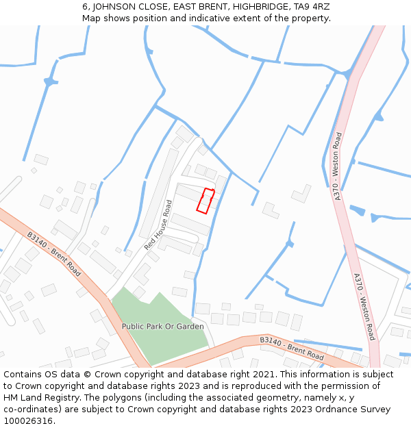 6, JOHNSON CLOSE, EAST BRENT, HIGHBRIDGE, TA9 4RZ: Location map and indicative extent of plot