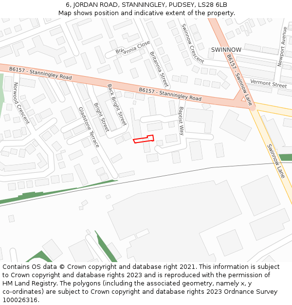 6, JORDAN ROAD, STANNINGLEY, PUDSEY, LS28 6LB: Location map and indicative extent of plot