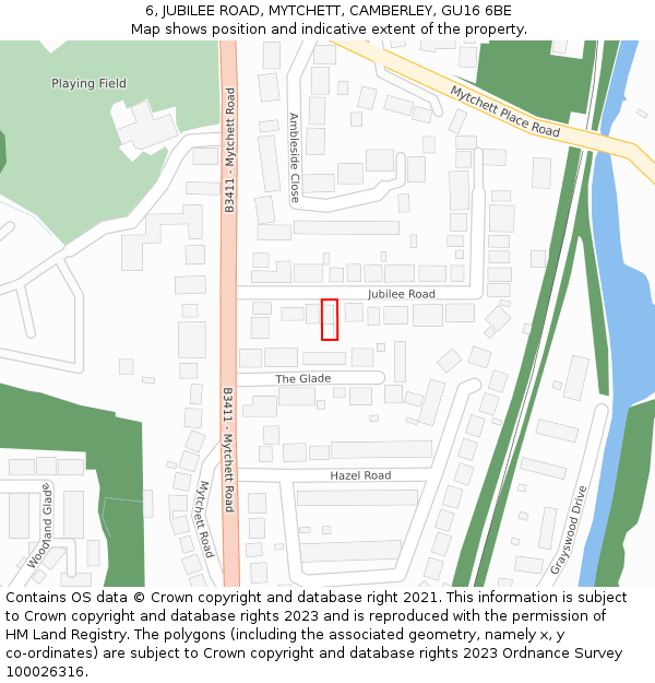 6, JUBILEE ROAD, MYTCHETT, CAMBERLEY, GU16 6BE: Location map and indicative extent of plot