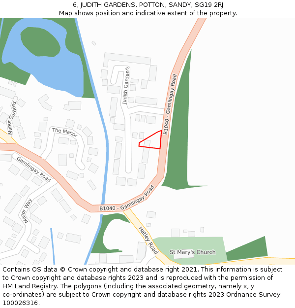 6, JUDITH GARDENS, POTTON, SANDY, SG19 2RJ: Location map and indicative extent of plot