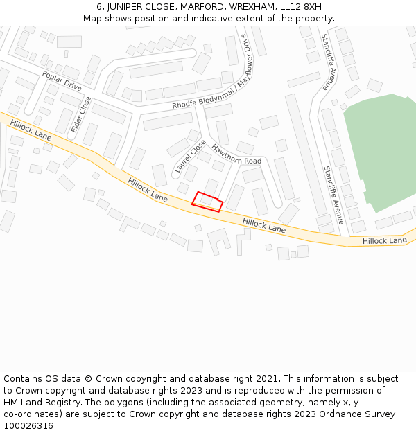 6, JUNIPER CLOSE, MARFORD, WREXHAM, LL12 8XH: Location map and indicative extent of plot