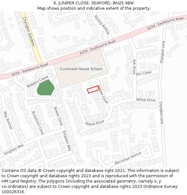 6, JUNIPER CLOSE, SEAFORD, BN25 4BW: Location map and indicative extent of plot