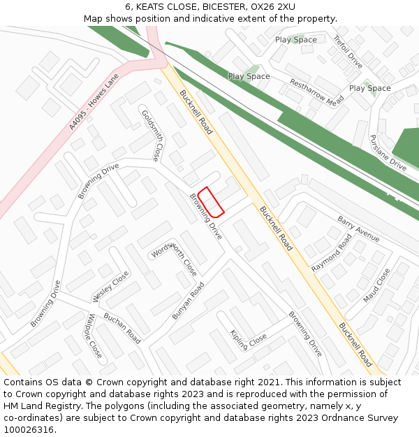 6, KEATS CLOSE, BICESTER, OX26 2XU: Location map and indicative extent of plot