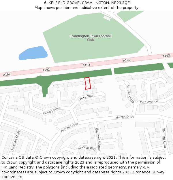 6, KELFIELD GROVE, CRAMLINGTON, NE23 3QE: Location map and indicative extent of plot