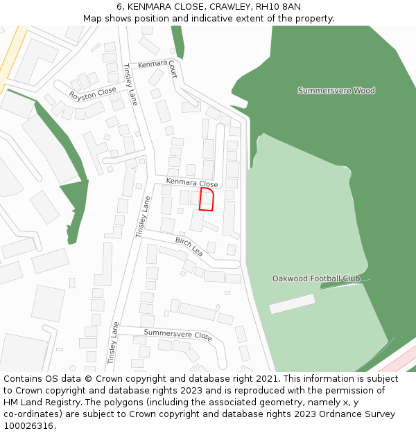 6, KENMARA CLOSE, CRAWLEY, RH10 8AN: Location map and indicative extent of plot