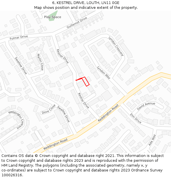 6, KESTREL DRIVE, LOUTH, LN11 0GE: Location map and indicative extent of plot