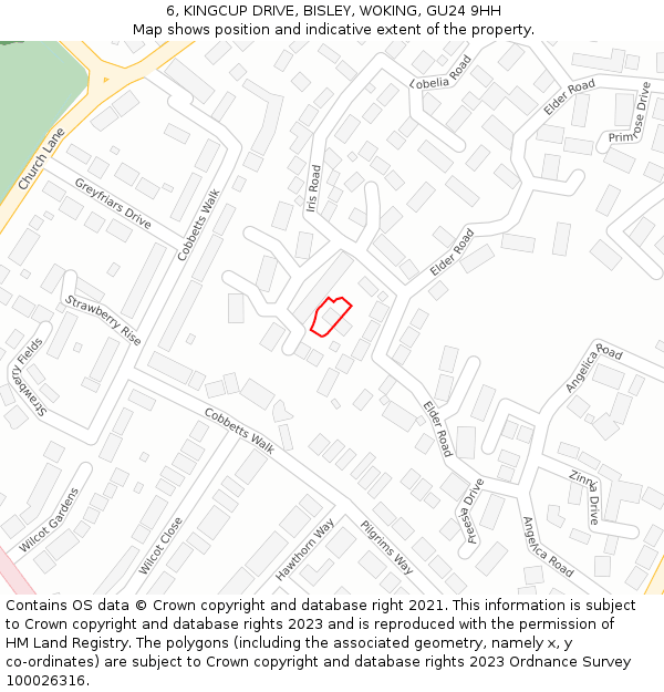 6, KINGCUP DRIVE, BISLEY, WOKING, GU24 9HH: Location map and indicative extent of plot