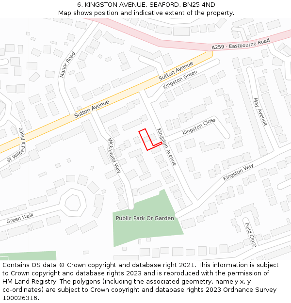 6, KINGSTON AVENUE, SEAFORD, BN25 4ND: Location map and indicative extent of plot