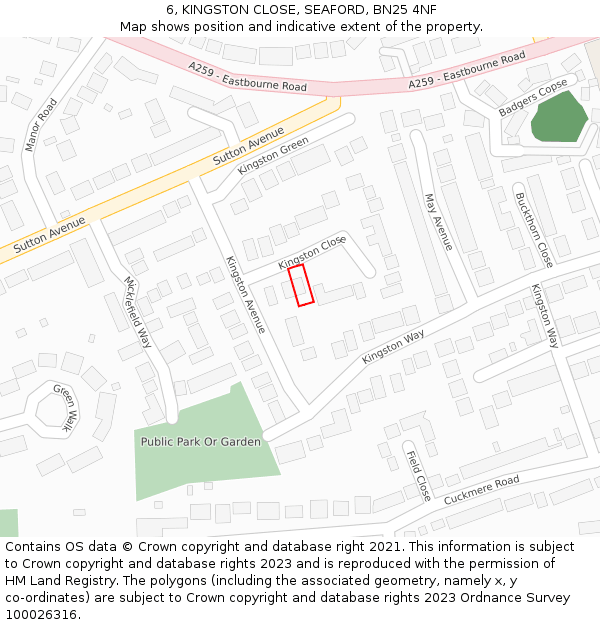 6, KINGSTON CLOSE, SEAFORD, BN25 4NF: Location map and indicative extent of plot