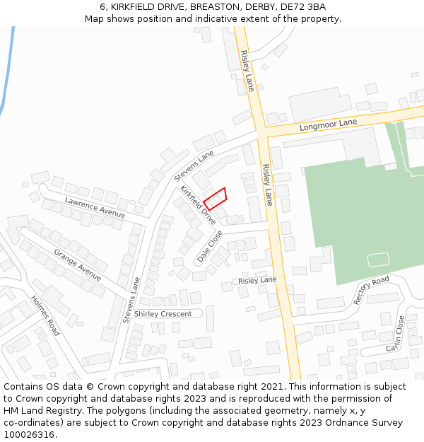 6, KIRKFIELD DRIVE, BREASTON, DERBY, DE72 3BA: Location map and indicative extent of plot