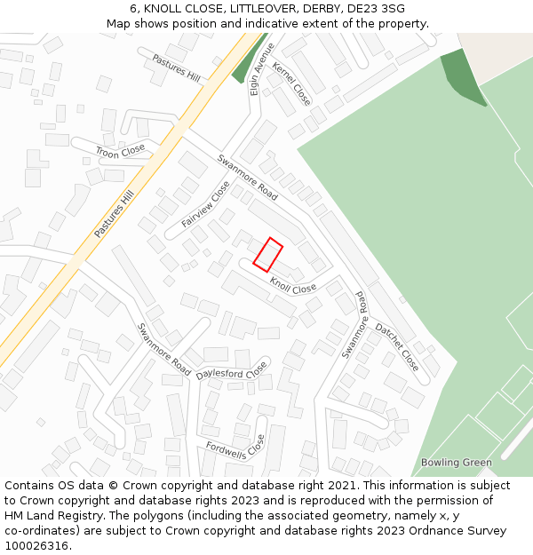 6, KNOLL CLOSE, LITTLEOVER, DERBY, DE23 3SG: Location map and indicative extent of plot