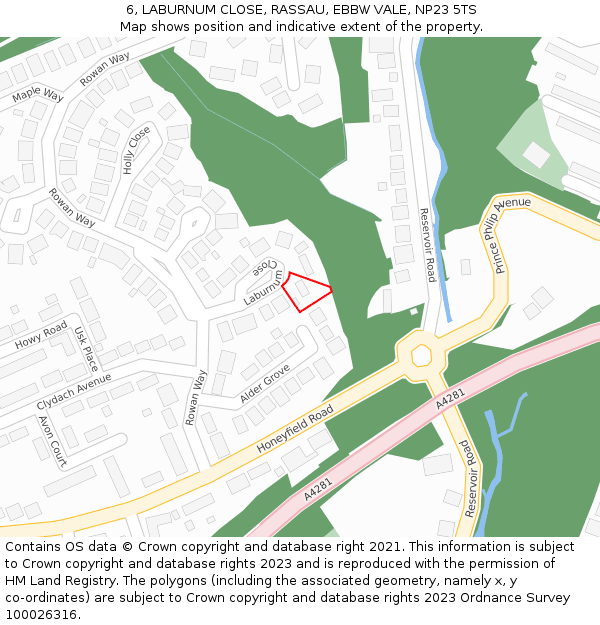 6, LABURNUM CLOSE, RASSAU, EBBW VALE, NP23 5TS: Location map and indicative extent of plot