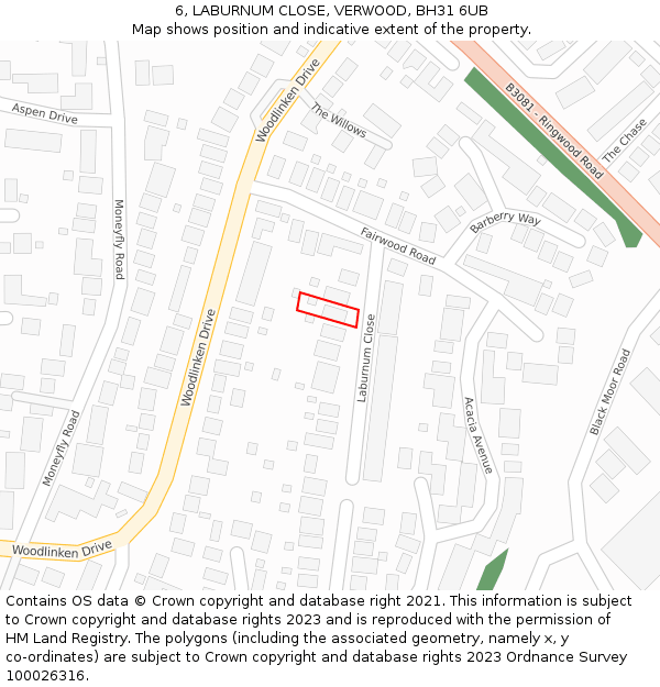 6, LABURNUM CLOSE, VERWOOD, BH31 6UB: Location map and indicative extent of plot