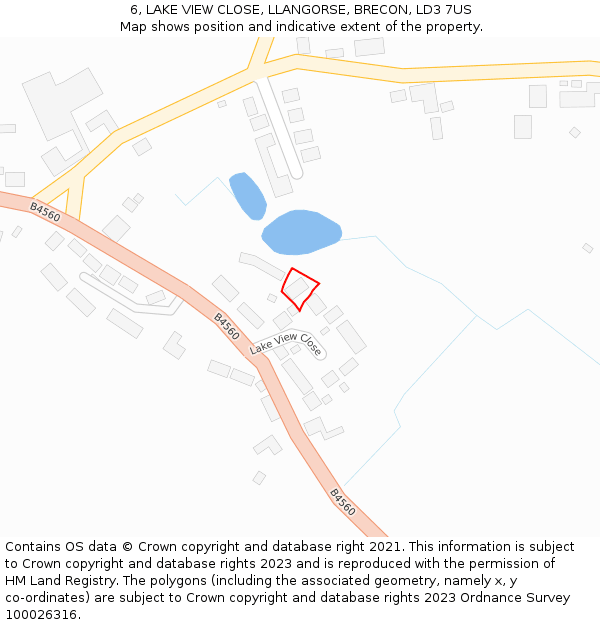 6, LAKE VIEW CLOSE, LLANGORSE, BRECON, LD3 7US: Location map and indicative extent of plot