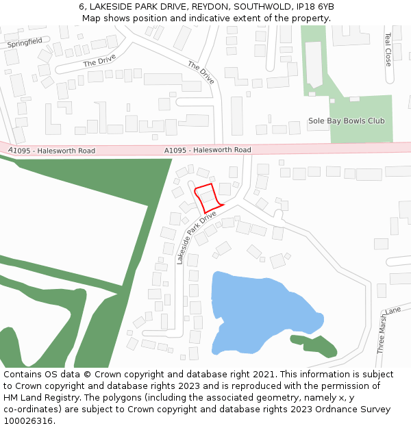6, LAKESIDE PARK DRIVE, REYDON, SOUTHWOLD, IP18 6YB: Location map and indicative extent of plot