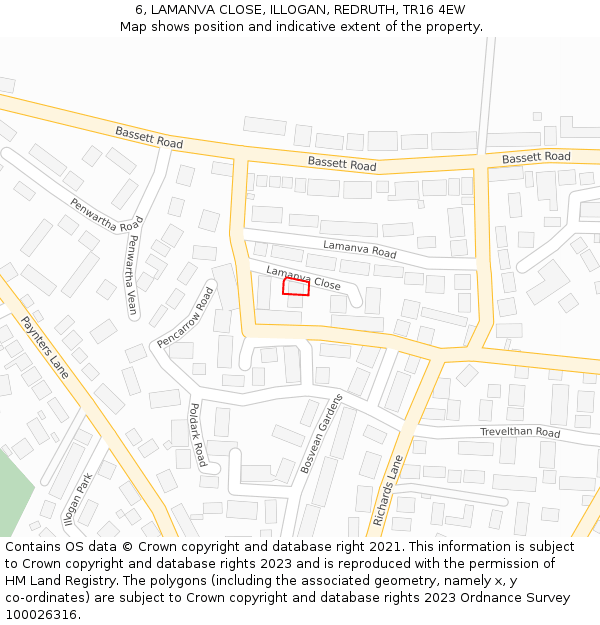 6, LAMANVA CLOSE, ILLOGAN, REDRUTH, TR16 4EW: Location map and indicative extent of plot