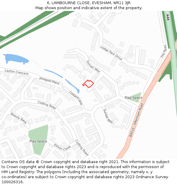 6, LAMBOURNE CLOSE, EVESHAM, WR11 3JR: Location map and indicative extent of plot