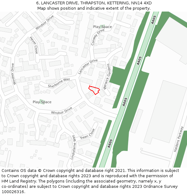 6, LANCASTER DRIVE, THRAPSTON, KETTERING, NN14 4XD: Location map and indicative extent of plot