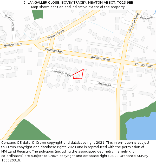 6, LANGALLER CLOSE, BOVEY TRACEY, NEWTON ABBOT, TQ13 9EB: Location map and indicative extent of plot