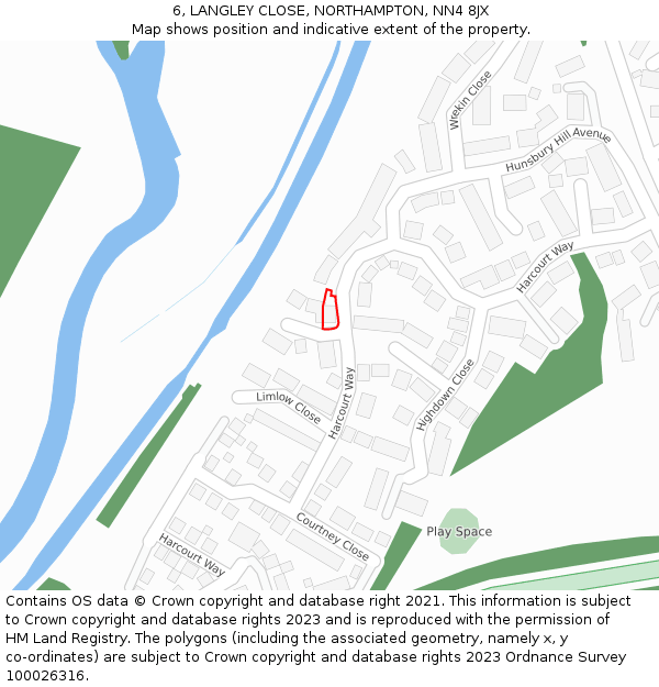 6, LANGLEY CLOSE, NORTHAMPTON, NN4 8JX: Location map and indicative extent of plot