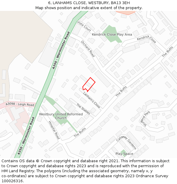 6, LANHAMS CLOSE, WESTBURY, BA13 3EH: Location map and indicative extent of plot