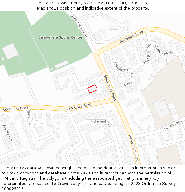 6, LANSDOWNE PARK, NORTHAM, BIDEFORD, EX39 1TS: Location map and indicative extent of plot