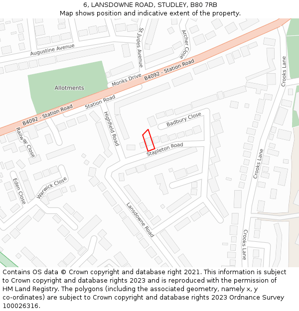 6, LANSDOWNE ROAD, STUDLEY, B80 7RB: Location map and indicative extent of plot