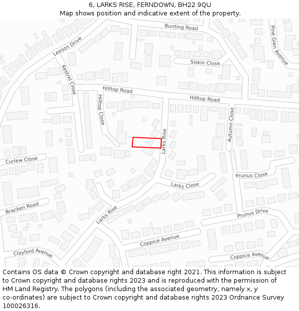 6, LARKS RISE, FERNDOWN, BH22 9QU: Location map and indicative extent of plot