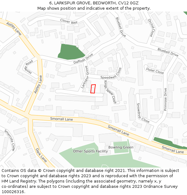 6, LARKSPUR GROVE, BEDWORTH, CV12 0GZ: Location map and indicative extent of plot