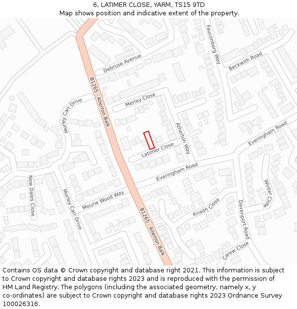 6, LATIMER CLOSE, YARM, TS15 9TD: Location map and indicative extent of plot