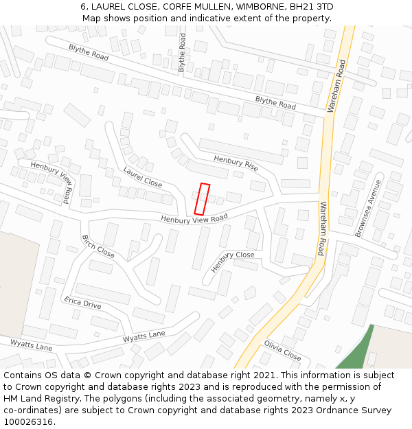 6, LAUREL CLOSE, CORFE MULLEN, WIMBORNE, BH21 3TD: Location map and indicative extent of plot
