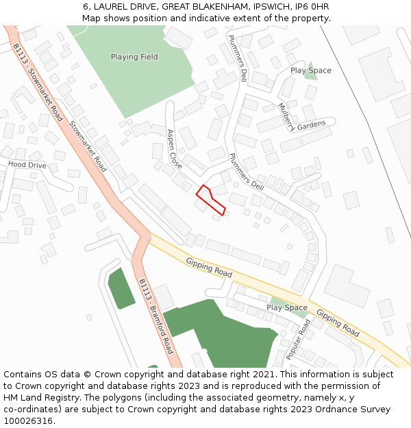6, LAUREL DRIVE, GREAT BLAKENHAM, IPSWICH, IP6 0HR: Location map and indicative extent of plot